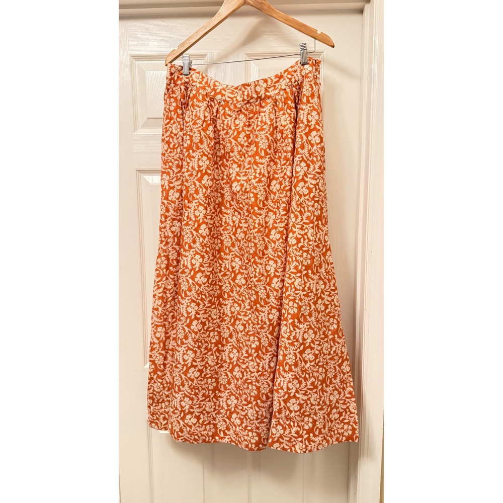 RIXO Maxi Skirt Womens XL Orange White Floral Cotton High Waist A-Line Pockets